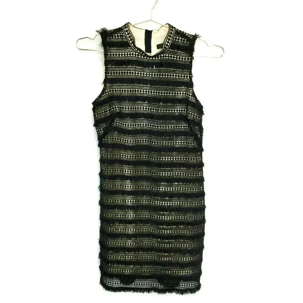 J Crew Women’s Size 0 Knee Length Sheath Dress Black Fringe Sleeveless Zip Up